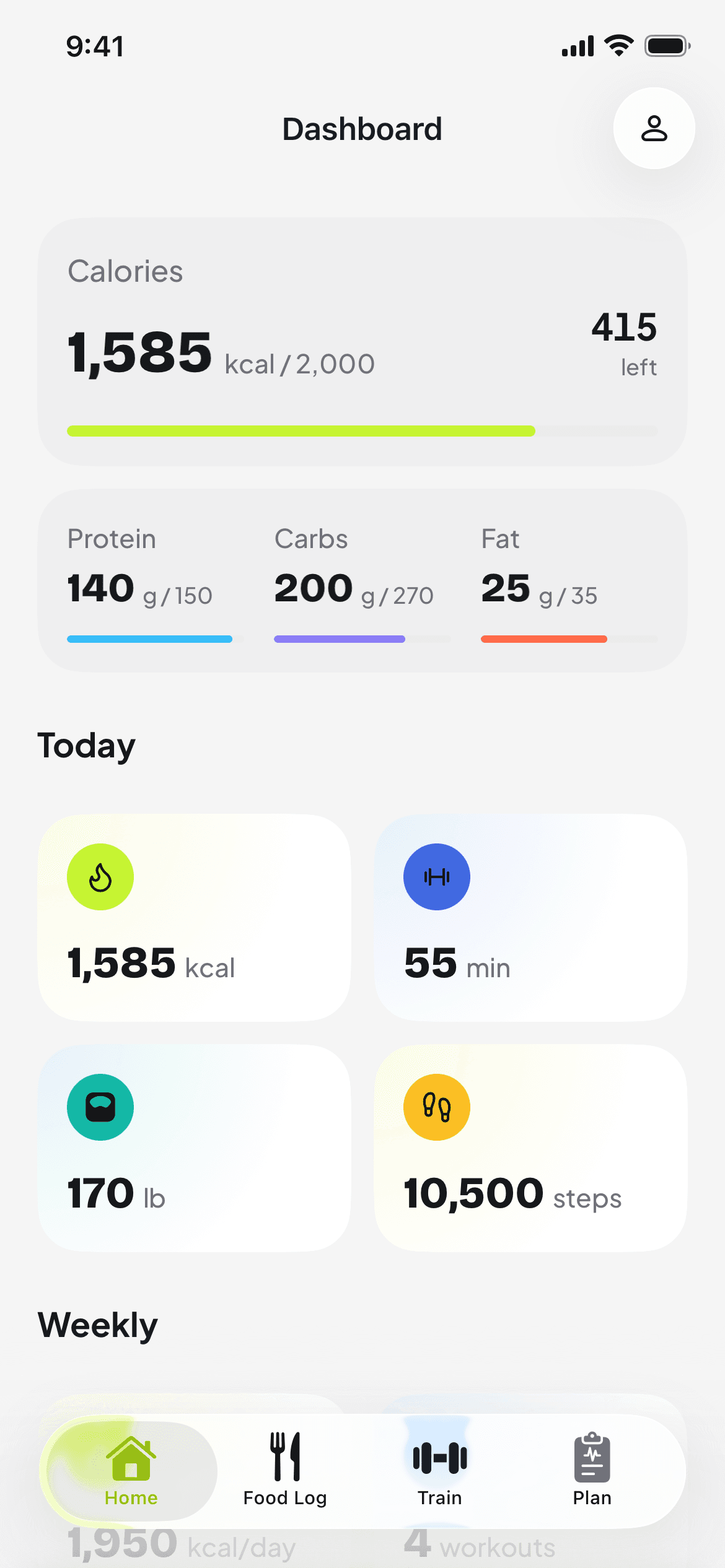 The MassMetrics app's dashboard with calories, macros, workout time, weight and steps for the day.
