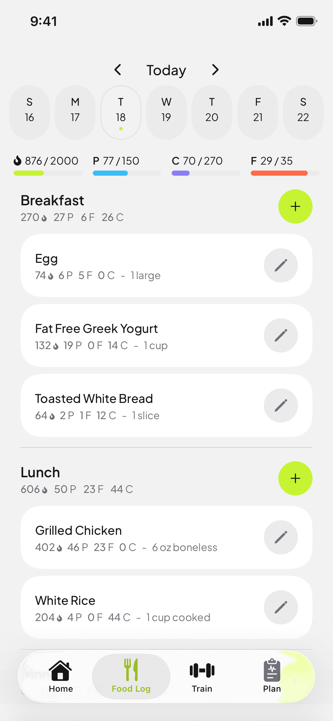The MassMetrics food log with breakfast and lunch entries and the day's calories and macros.