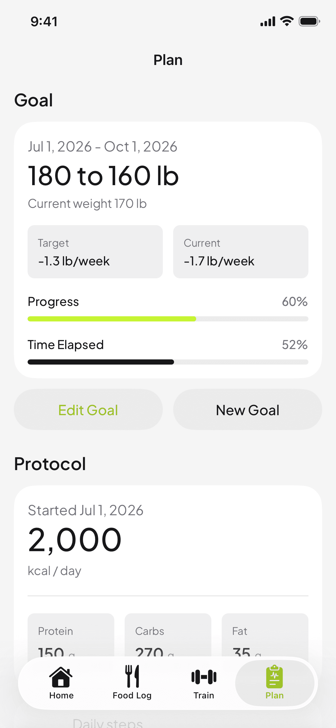 The Plan tab in the MassMetrics app showing a goal of 180 to 160 lb with progress and time elapsed.