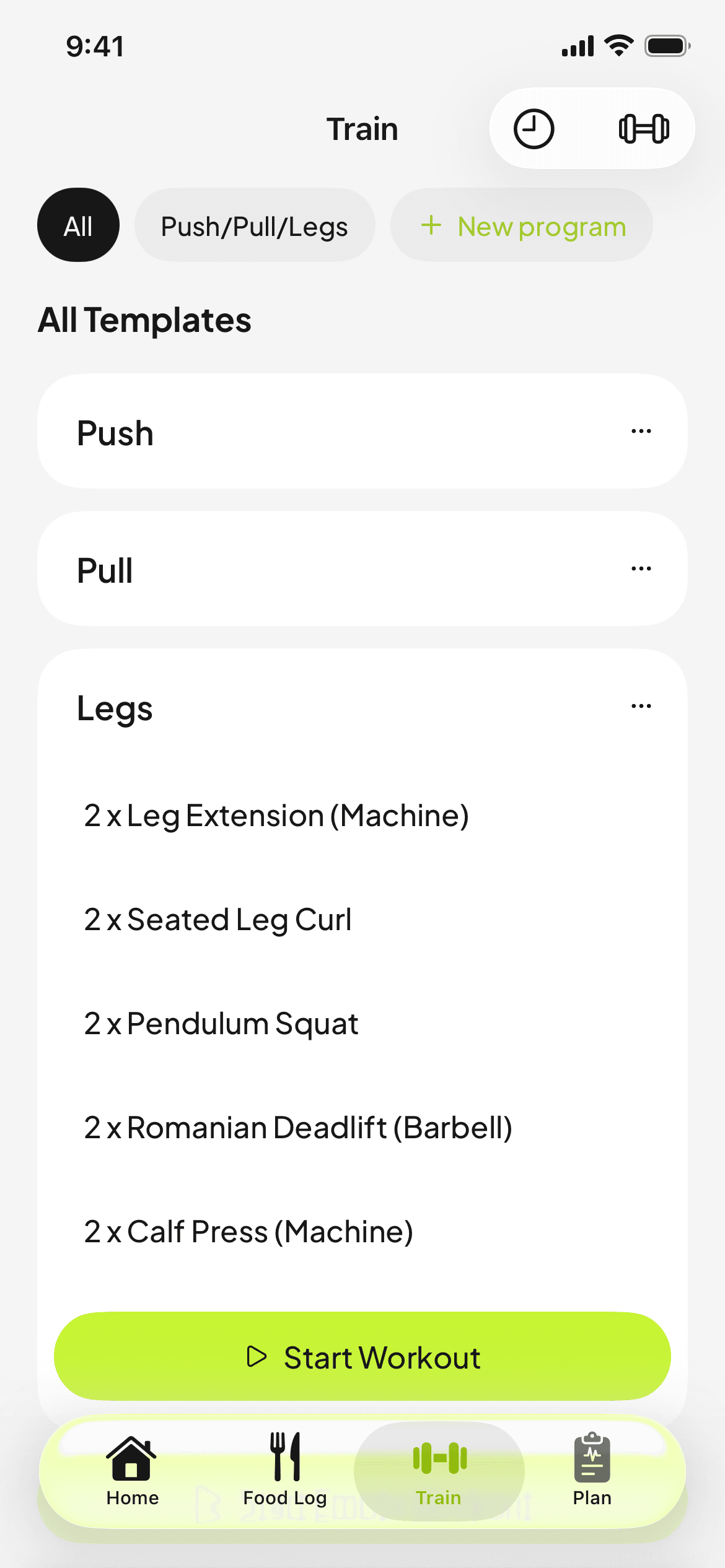 The Train tab in the MassMetrics app listing workout templates, with a leg day expanded and a Start Workout button.